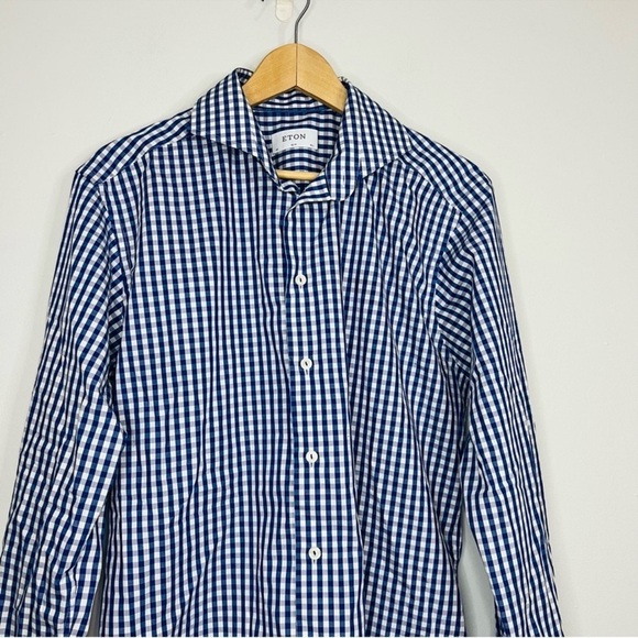 Eton Blue/White Plaid Contemporary Slim Poplin Dress Shirt 42 | 16.5 - Picture 3 of 9